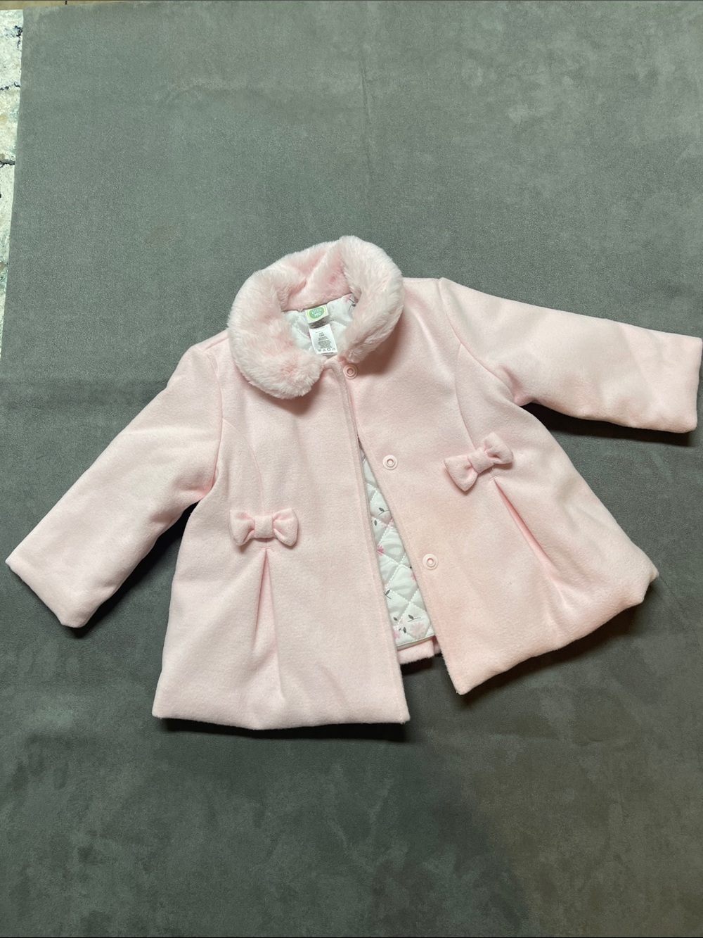 Little Me Pale Pink Faux Fur Collar Pea Coat with Bows